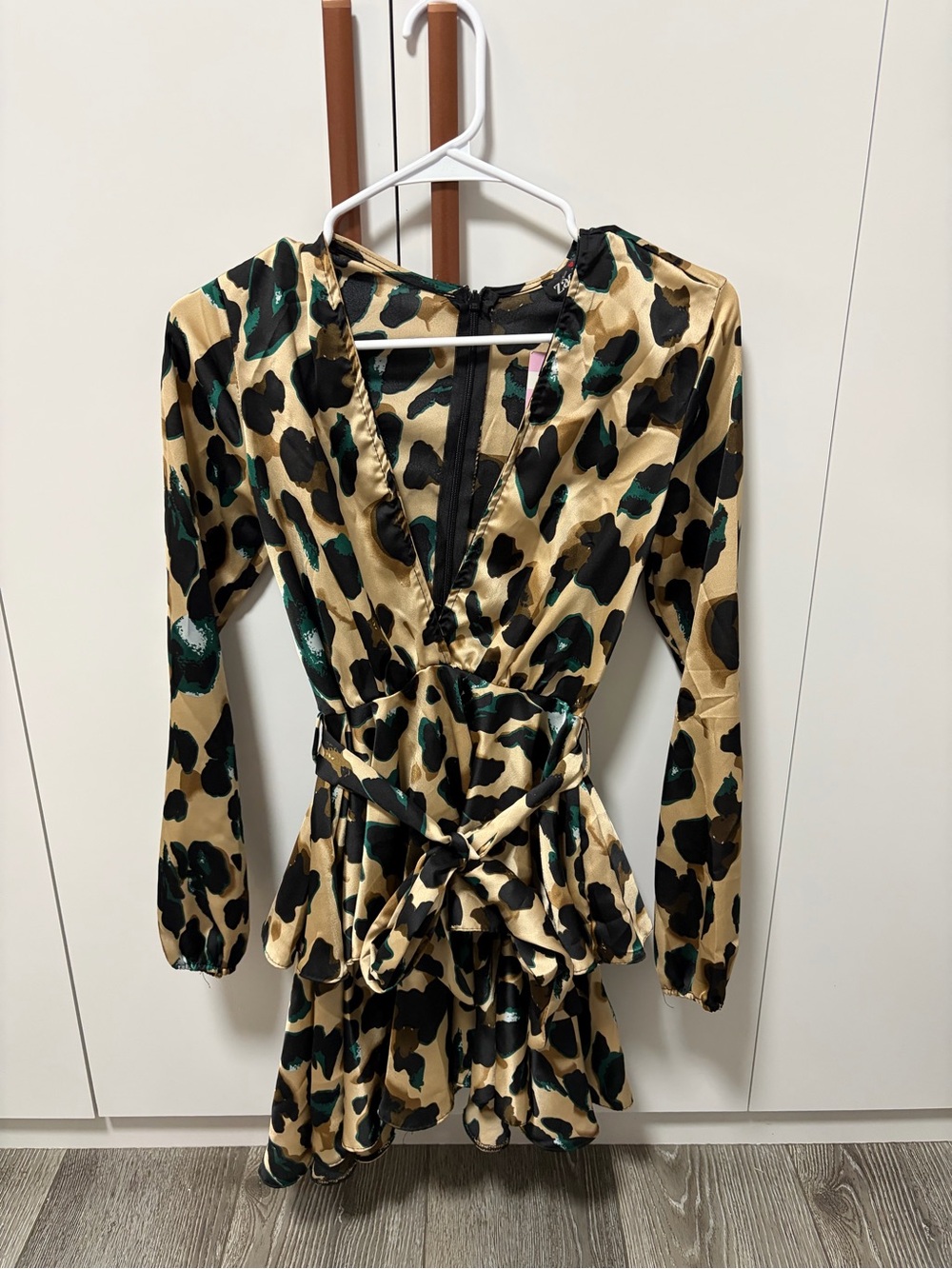 Satin Leopard Print V-Neck Long Sleeve Dress in Gold and Black